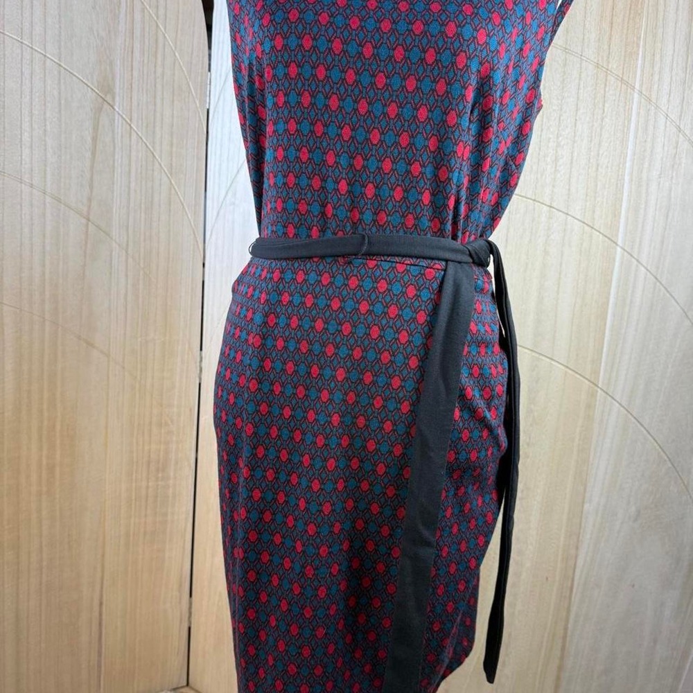 EMMA & MICHELE Geometric Diamond Knit Dress M Teal Red Belted Sleeveless Sheath